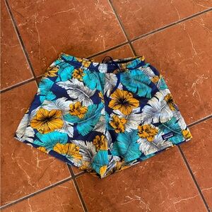 Patagonia Navy Swim Shorts with Teal and Yellow Floral Print